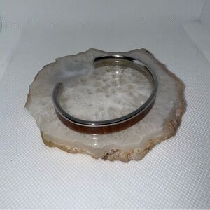 WOOD INLAY STAINLESS STEEL CUFF Bracelet, marked BI.